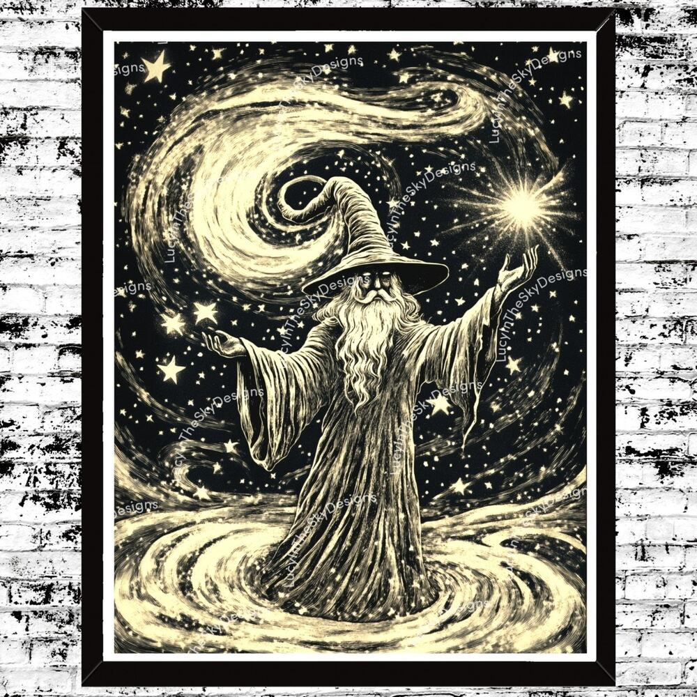 Wizard Moon Stars Magic Celestial Vintage Style Art Print Decor